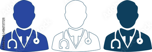 Three doctors or medical professionals in blue and white silhouette icons with stethoscopes