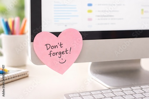 Message note - a heart-shaped sticky note attached to a computer monitor