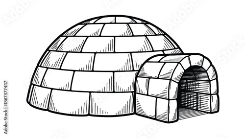 Igloo Dome Shelter Illustration Showing Snow Block Construction and Winter Home Concept