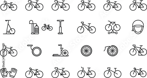 Bicycle and Cycling Equipment Line Icon Set, Road Bike, Mountain Biking Gear, Exercise Stationary Cycle, Helmet, and Fitness Transportation Symbols.