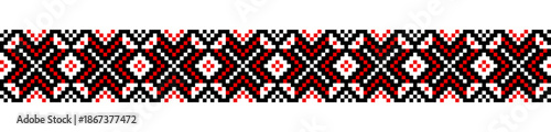 Traditional geometrical ornament isolated on white. Ukrainian Vyshyvanka. Cross stitch. Embroidery in black and red colors . Seamless pattern in vector. Element for design