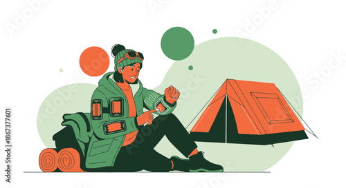 Animated illustration of a woman camping and interacting with a modern smartwatch device