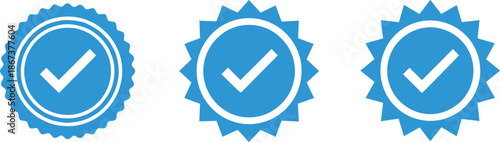 Blue Check Mark Badge Icons Set with Verified Approval Quality Seal Flat Vector Design on White Background