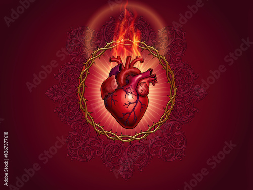 Sacred heart illustration in red tones