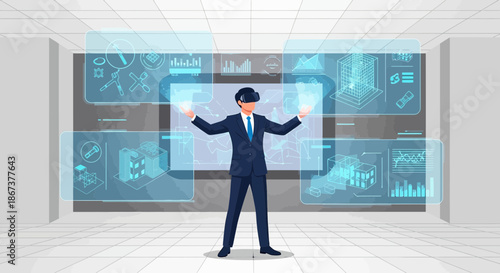 Architect using virtual reality for future building design in advanced technological environment