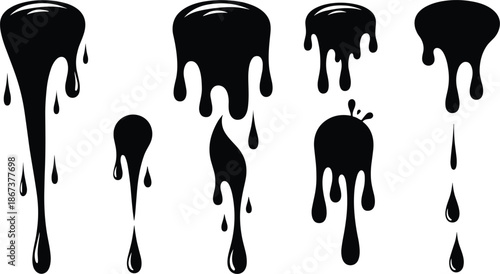 Black Liquid Drip Shapes Set with Ink, Paint and Oil Splash Silhouette Design Elements on White Background