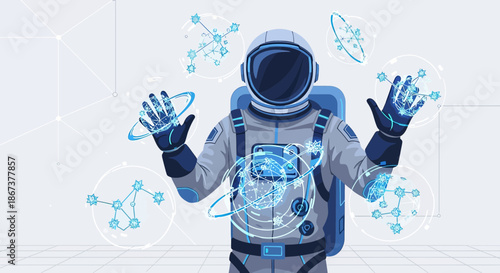 Astronaut interacts with digital space constellations and virtual reality elements in modern design