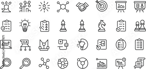 Black Business and Finance Line Icon Set with Banking Symbols Investment Graphs Market Trends Financial Growth and Corporate Strategy Vector Assets