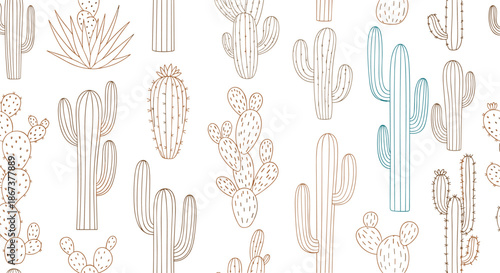 Seamless pattern of various cactus plants including tall saguaro and prickly pear in a minimal line art style design.