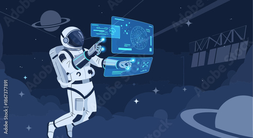 Astronaut interacts with futuristic holographic interface exploring space and celestial bodies