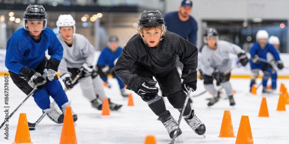 Obraz premium Youth male ice hockey team training drill with cones. Concept of sports education, skill development, teamwork, coaching process and junior hockey training programs.