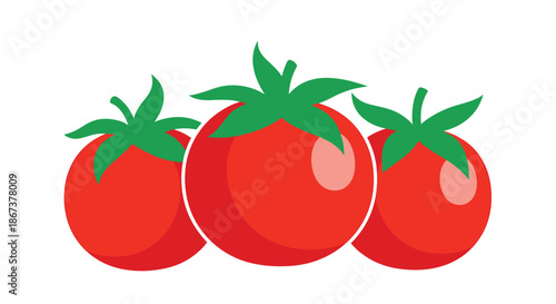 Group of three ripe red tomatoes with fresh green stems clustered together on a clean white background for cooking and food themes.