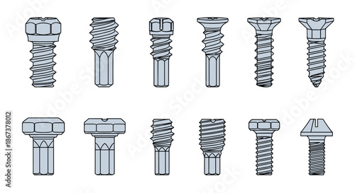 Collection of various industrial metal screws and bolts with different head shapes and thread patterns for engineering and assembly.