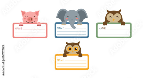 Set of cute name tag templates featuring smiling cartoon animals like a pink pig, a gray elephant, and a brown owl on colorful frames.