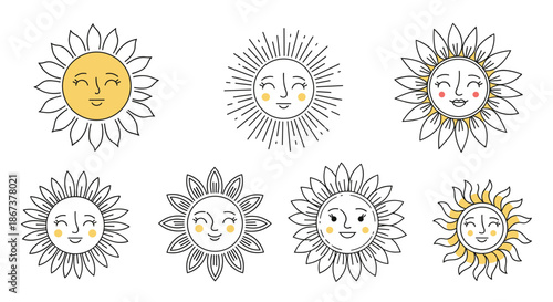 Set of hand-drawn sun characters with different smiling facial expressions and artistic ray styles for summer and weather designs.