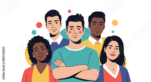 Group of diverse people standing together with confident expressions, representing global community, unity, teamwork, and social inclusion.