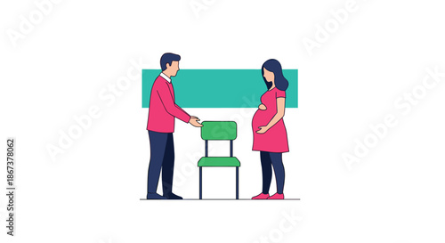 Polite man offering a green chair to a pregnant woman in a pink dress, illustrating kindness, respect, and good social etiquette.