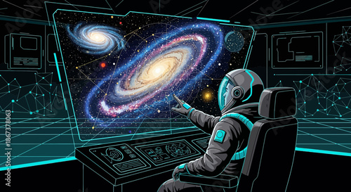 Astronaut navigating through the cosmos with holographic display technology in space station