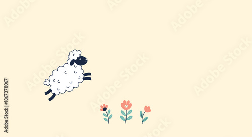 Simple and cute illustration of a white fluffy sheep jumping over small flowers on a pale yellow background, representing sweet dreams.
