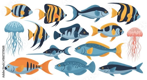 Wide variety of colorful tropical fish and jellyfish swimming together, showcasing diverse marine life underwater in a coral reef.