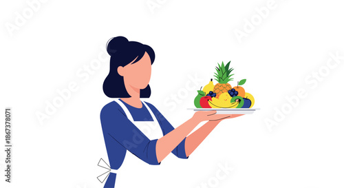 Young woman in a blue shirt and white apron holding a large platter filled with various colorful fresh fruits like pineapple and grapes.