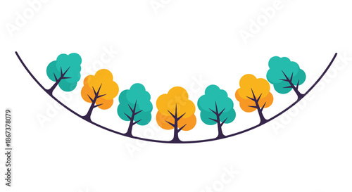 Semicircular row of stylized green and yellow autumn trees growing on a thin curved line, representing seasonal change and nature.