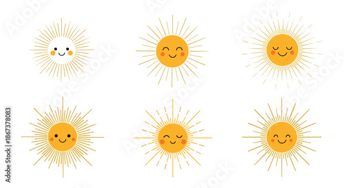 Set of golden sun icons with various happy and sleeping facial expressions and different styles of thin golden rays for summer icons.