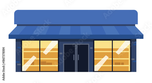 Exterior view of a modern storefront with large glass windows and a prominent blue awning on a white background, representing retail.