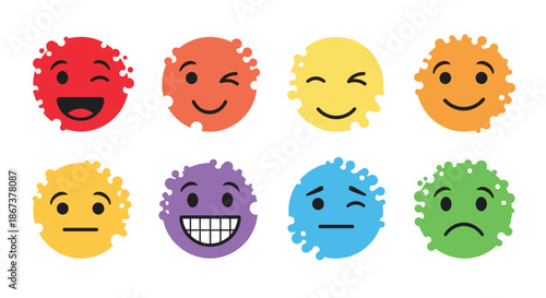 Set of eight colorful smiley face emojis with different expressions like happy, sad, winking, and grinning in a paint splash style.