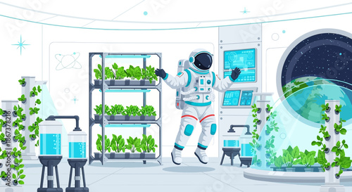 Astronaut tending space garden within futuristic research station overlooking planet earth
