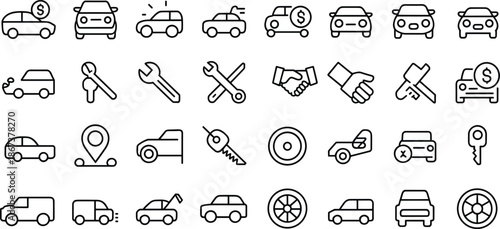 Car icons, automotive service, vehicle maintenance, wrench, tire, car key, repair tools, location pin, handshake, money, sedan, SUV, garage, diagnostics, 