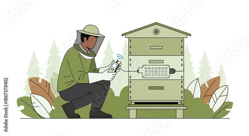 Beekeeper monitoring beehive with wireless sensor technology for data collection and analysis