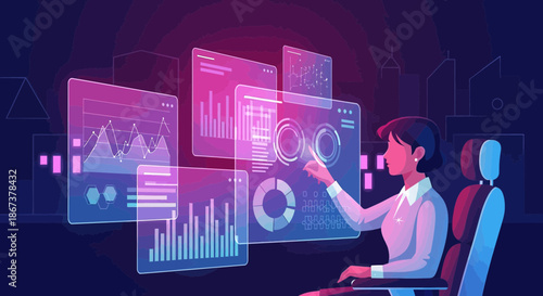 Businesswoman interacting with data analytics dashboards in a futuristic interface environment