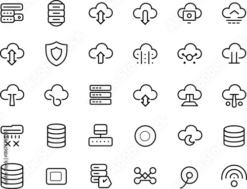 Cloud Computing and Data Infrastructure Line Icon Set, Network Servers, Database Storage, Web Hosting, Security Shield, and Connectivity Symbols for SEO.
