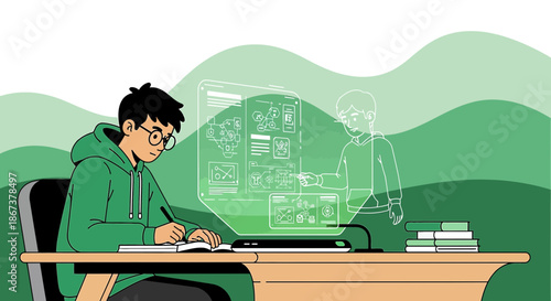 Cartoon depiction of a student using holographic technology for interactive learning session
