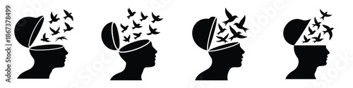 Human head with birds flying out icon set – mind freedom, creativity, imagination, and mental liberation concept in black silhouette design symbolizing ideas, thoughts, and free spirit