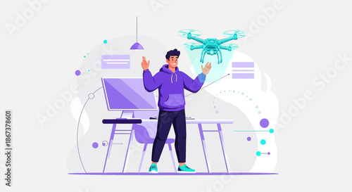 Conceptual illustration of a man interacting with a drone in a modern creative workspace environment