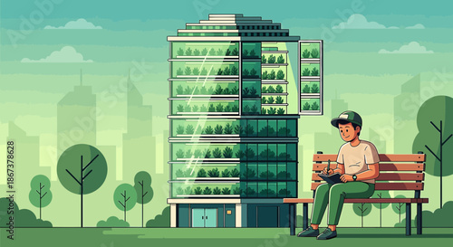 Conceptual representation of urban sustainability with green building and serene natural landscape