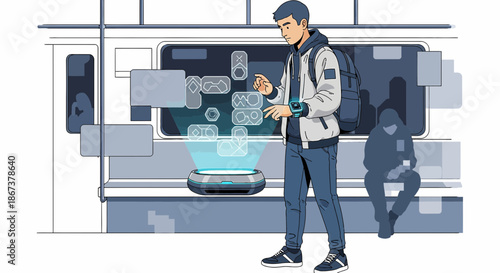 Connected commuter interacting with a futuristic interface in a public transport environment with