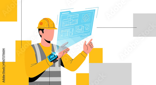 Construction worker interacting with augmented reality interface for site planning and project