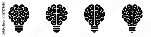 Brain light bulb icon set – creative idea, innovation, intelligence, and smart thinking concept in black silhouette design symbolizing brainstorm, knowledge, and mental energy