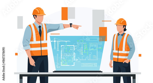 Construction Blueprint Analysis: Architects Reviewing Building Plans for Future Development