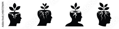 Human head with plant growth icon set – mind development, personal growth, creativity, and positive thinking concept in black silhouette design symbolizing inspiration, nature, and innovation