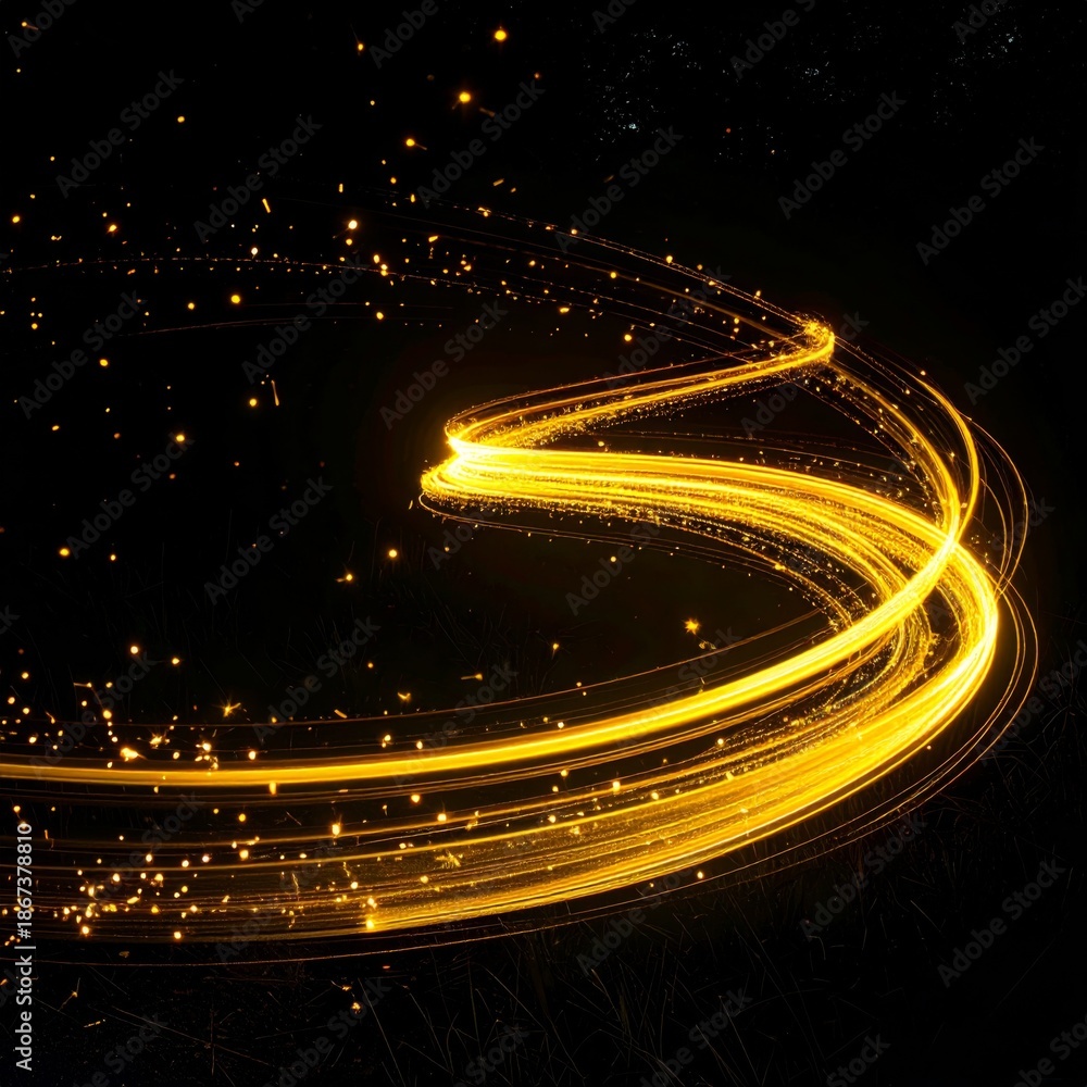 Obraz premium Golden Light Trails on Black Background with Twirling Lines and Sparks