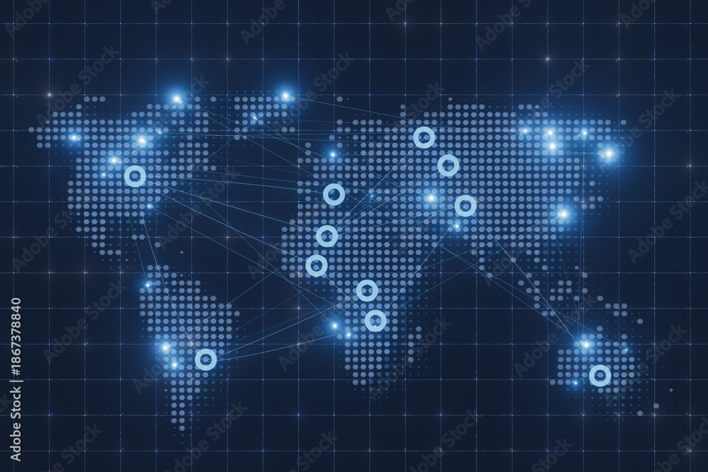 Obraz premium World map showing connections and data points across different regions in a grid layout at night