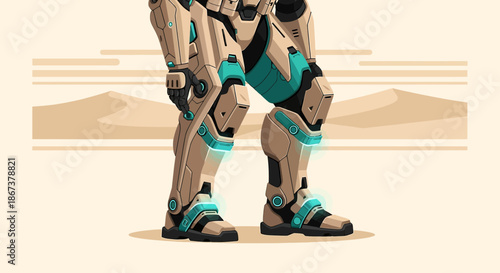 Cybernetic warrior illustration showcasing advanced armor technology in a desolate desert landscape