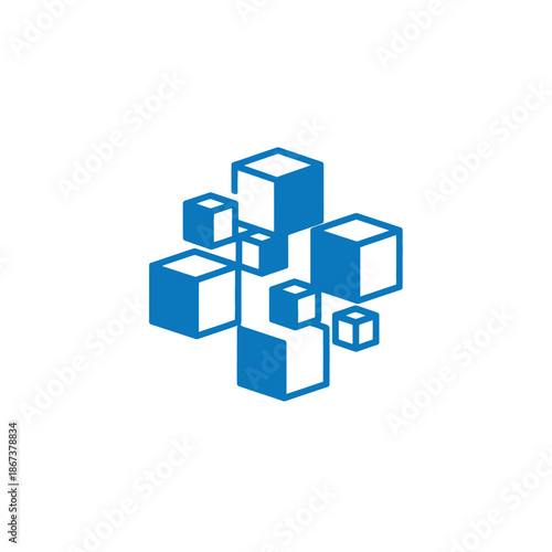 Abstract blue cubes arranged in a geometric pattern on a white background from a slightly elevated viewpoint