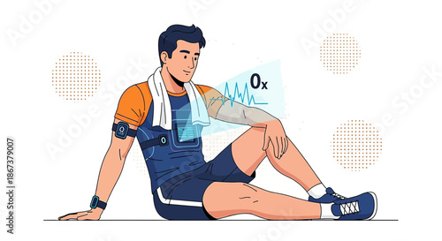 Digital wellness monitoring modern athletic man resting with wearable health technology after