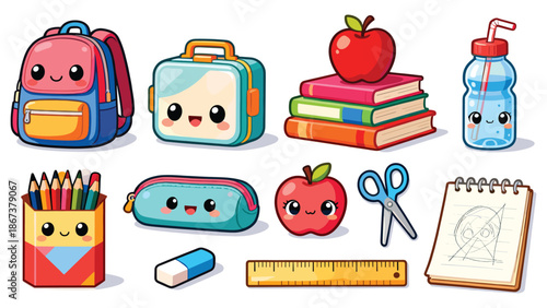 Colorful cartoon school supplies and accessories arranged on a white background with various educational items