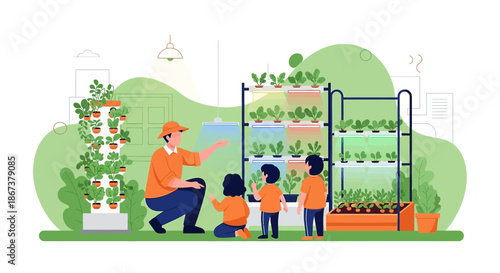 Educational urban farming: A family learns about sustainable gardening in the city environment
